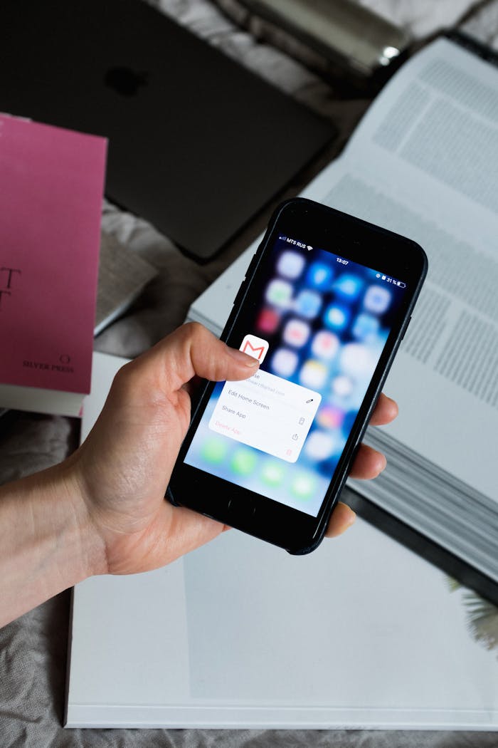 Hand holding smartphone with email app open, surrounded by books and laptop.
